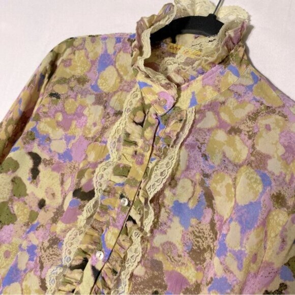 Lloyd Williams Yellow Purple Semi Sheer Abstract Print Button Up Mock Neck Top M - Picture 8 of 14